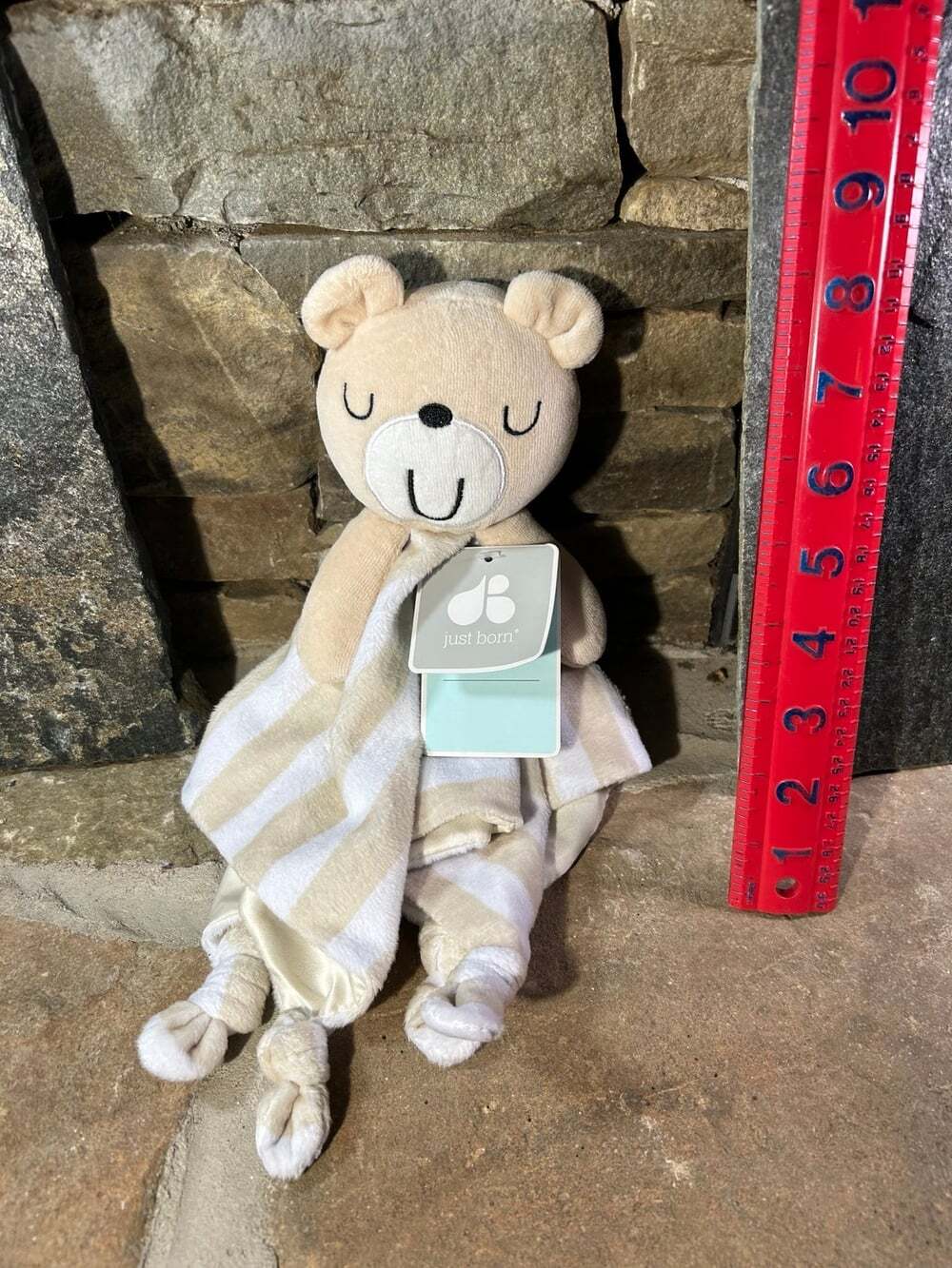 Just Born Tan Bear Lovey Knotted Stripe tan and white satin back with tag